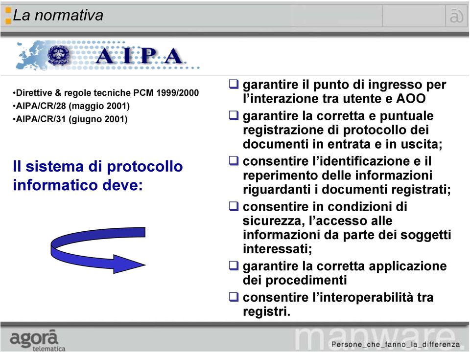 e in uscita; consentire l identificazione e il reperimento delle informazioni riguardanti i documenti registrati; consentire in condizioni di sicurezza,