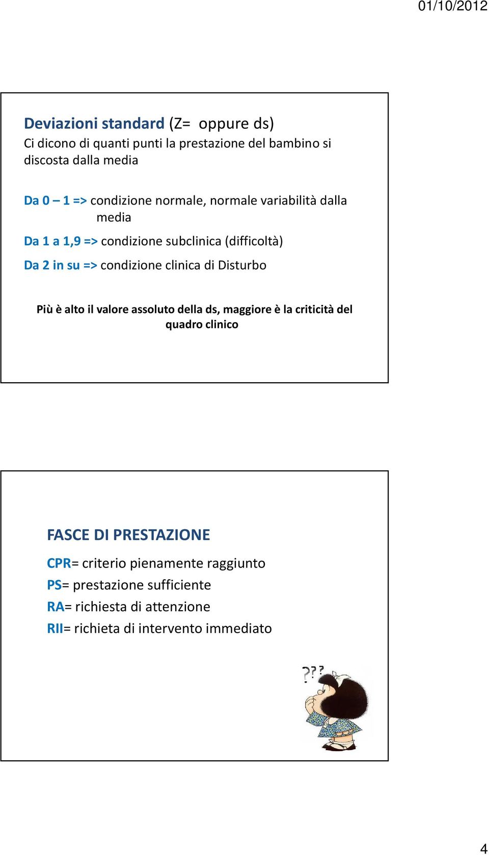 clinica di Disturbo Più è alto il valore assoluto della ds, maggiore è la criticità del quadro clinico FASCE DI PRESTAZIONE