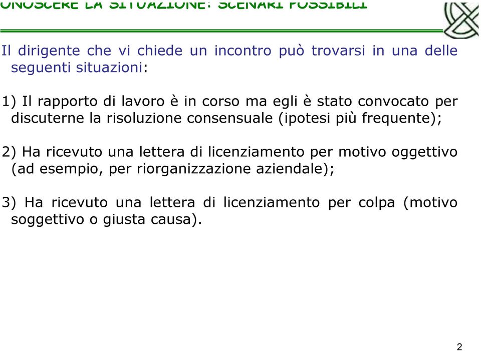 consensuale (ipotesi più frequente); 2) Ha ricevuto una lettera di licenziamento per motivo oggettivo (ad esempio,