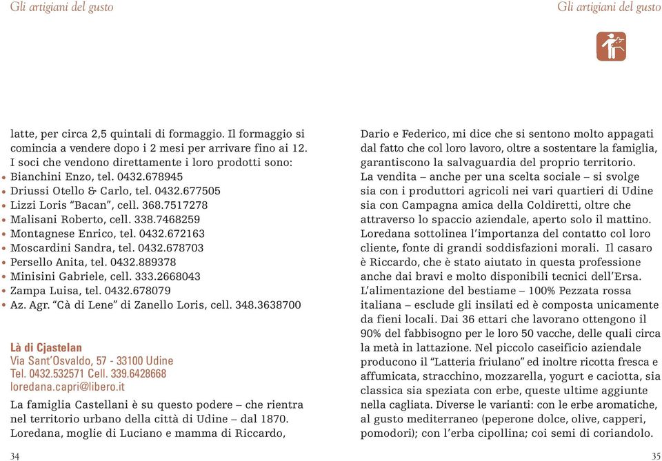 7468259 Montagnese Enrico, tel. 0432.672163 Moscardini Sandra, tel. 0432.678703 Persello Anita, tel. 0432.889378 Minisini Gabriele, cell. 333.2668043 Zampa Luisa, tel. 0432.678079 Az. Agr.