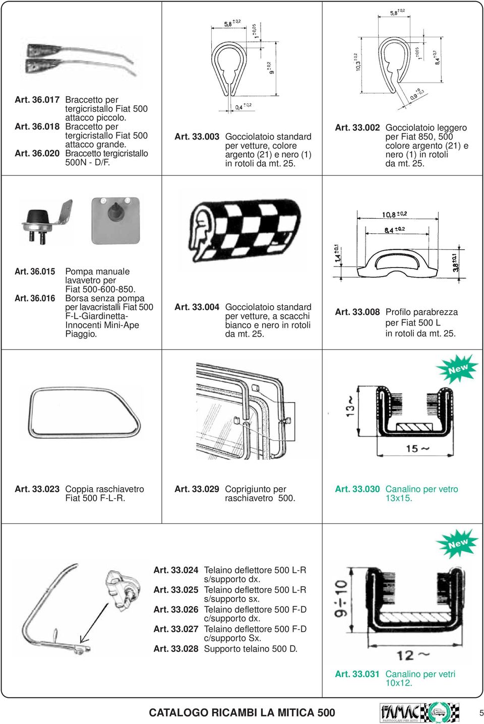 015 Art. 36.016 Pompa manuale lavavetro per Fiat 500-600-850. Borsa senza pompa per lavacristalli Fiat 500 F-L-Giardinetta- Innocenti Mini-Ape Piaggio. Art. 33.