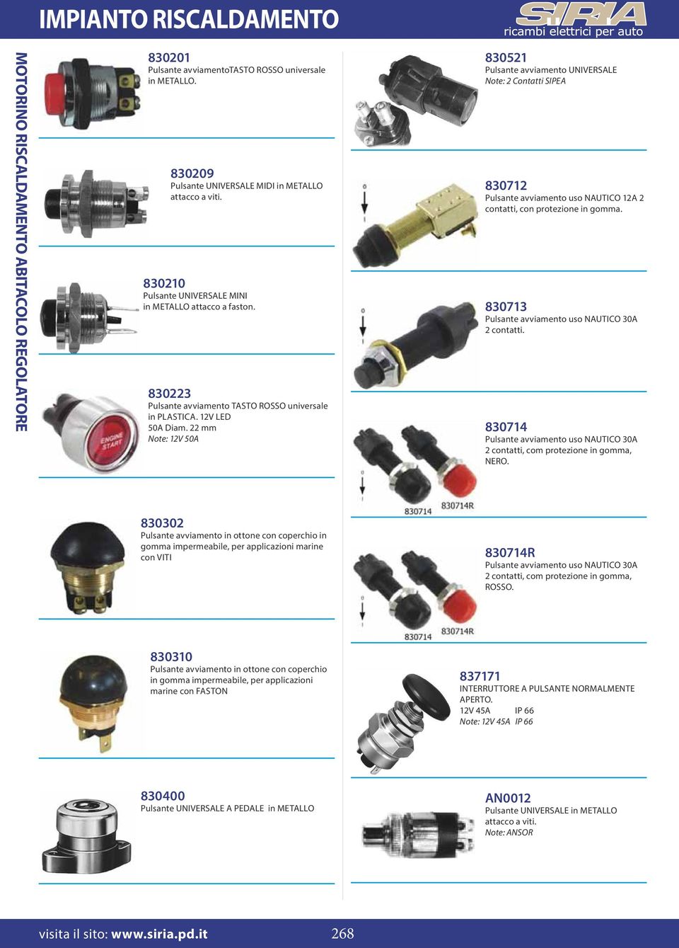 22 mm Note: 12V 50A 830521 Pulsante avviamento UNIVERSALE Note: 2 Contatti SIPEA 830712 Pulsante avviamento uso NAUTICO 12A 2 contatti, con protezione in gomma.