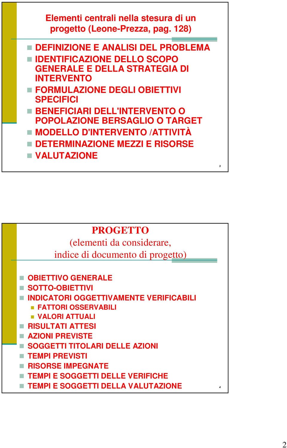 BERSAGLIO O TARGET MODELLO D'INTERVENTO /ATTIVITÀ DETERMINAZIONE MEZZI E RISORSE VALUTAZIONE 3 PROGETTO (elementi da considerare, indice di documento di progetto)