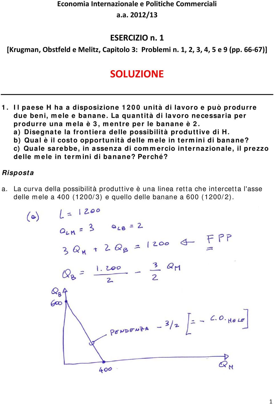 a) Disegnate la frontiera delle possibilità produttive di H. b) Qual è il costo opportunità delle mele in termini di banane?