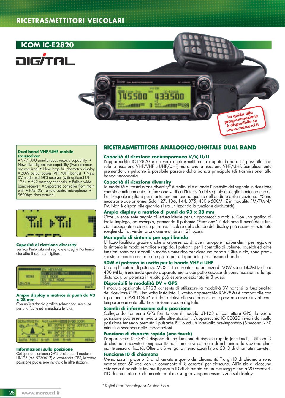 (VHF/UHF bands) New DV mode and GPS receiver (with optional UT123) 522 memory channels Built-in wide band receiver Separated controller from main unit HM-133, remote control microphone 9600bps data