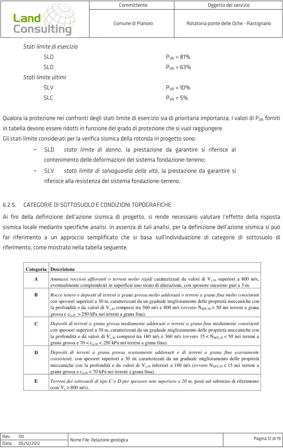 Gli stati limite considerati per la verifica sismica della rotonda in progetto sono: - SLD stato limite di danno,, la prestazione da garantire si riferisce al contenimento delle deformazioni del