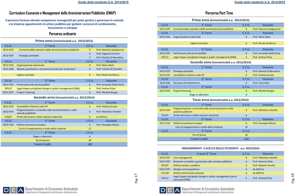 2014/2015 Curriculum Economia e Management delle Amministrazioni Pubbliche (EMAP) Percorso Part Time Il percorso fornisce elevate competenze manageriali per poter gestire e governare le aziende e le