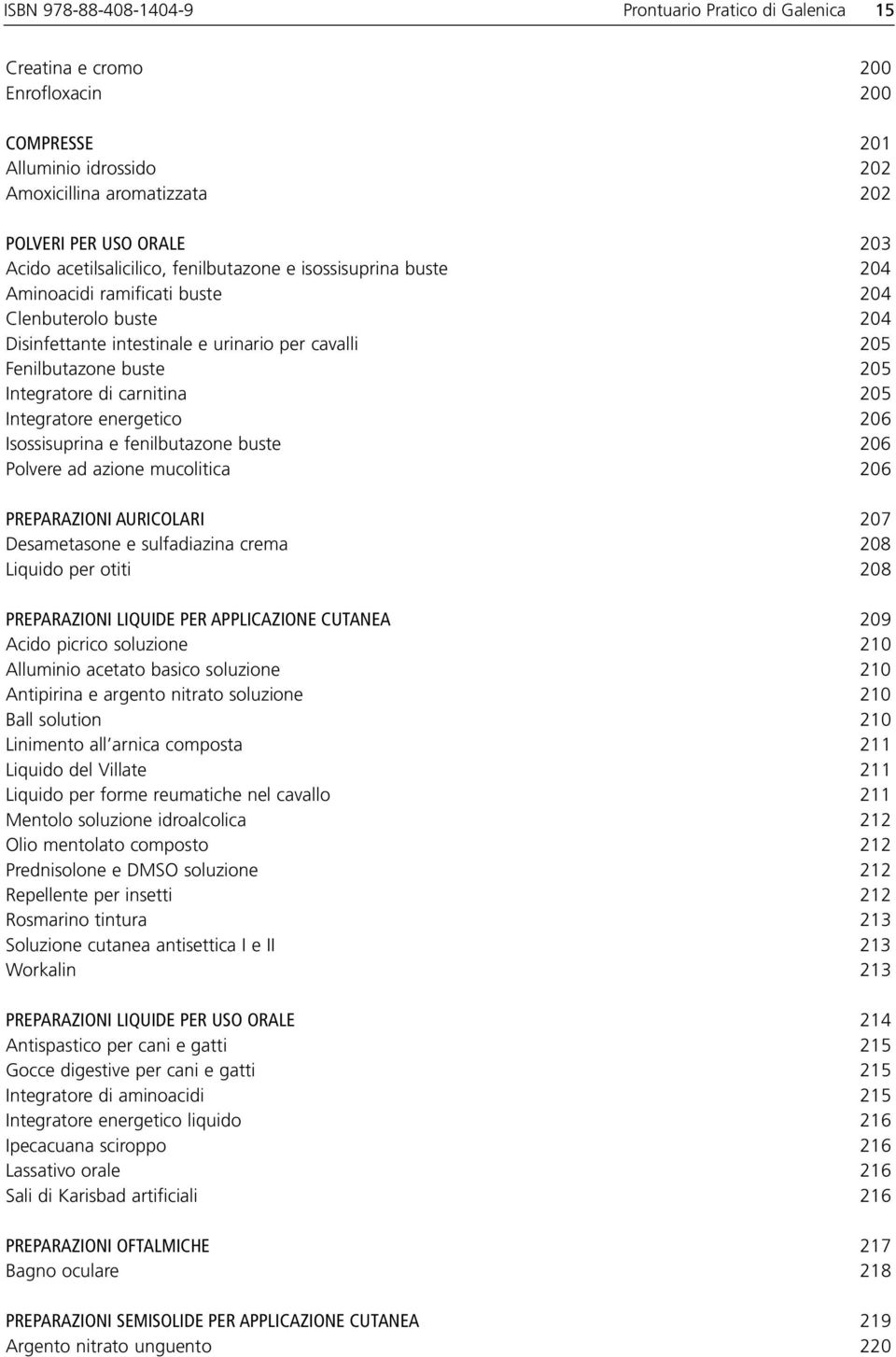 Integratore di carnitina 205 Integratore energetico 206 Isossisuprina e fenilbutazone buste 206 Polvere ad azione mucolitica 206 PREPARAZIONI AURICOLARI 207 Desametasone e sulfadiazina crema 208