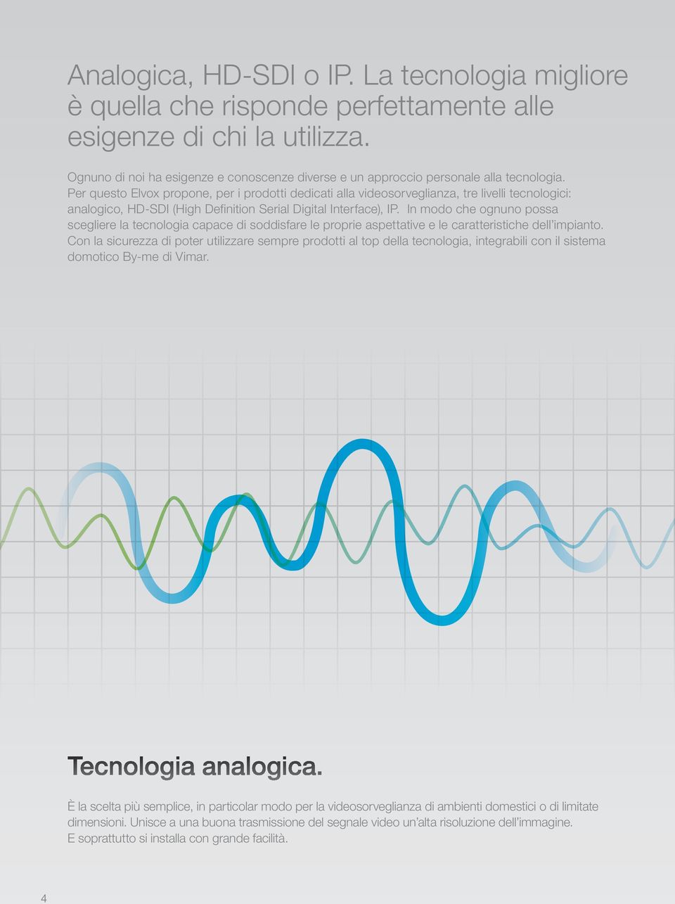 Per questo Elvox propone, per i prodotti dedicati alla videosorveglianza, tre livelli tecnologici: analogico, HD-SDI (High Definition Serial Digital Interface), IP.