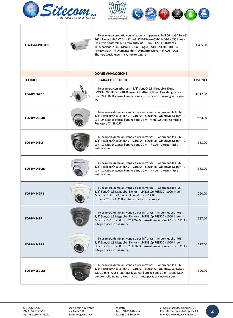 DOME ANALOGICHE CODICE CARATTERISTICHE LISTINO F06-DM662FIB Telecamera con infrarossi - 1/3" Sony 1.3 Megapixel Exmor - IMX138LQ+FH8520-1000 linee - Obiettivo 2.