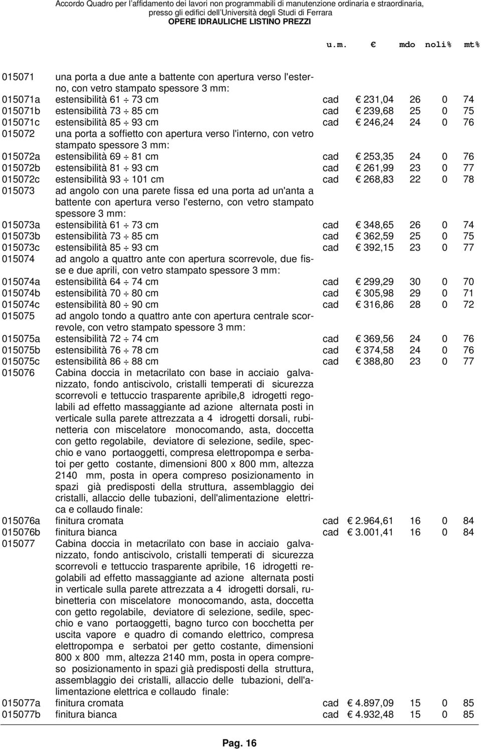 015072b estensibilità 81 93 cm cad 261,99 23 0 77 015072c estensibilità 93 101 cm cad 268,83 22 0 78 015073 ad angolo con una parete fissa ed una porta ad un'anta a battente con apertura verso