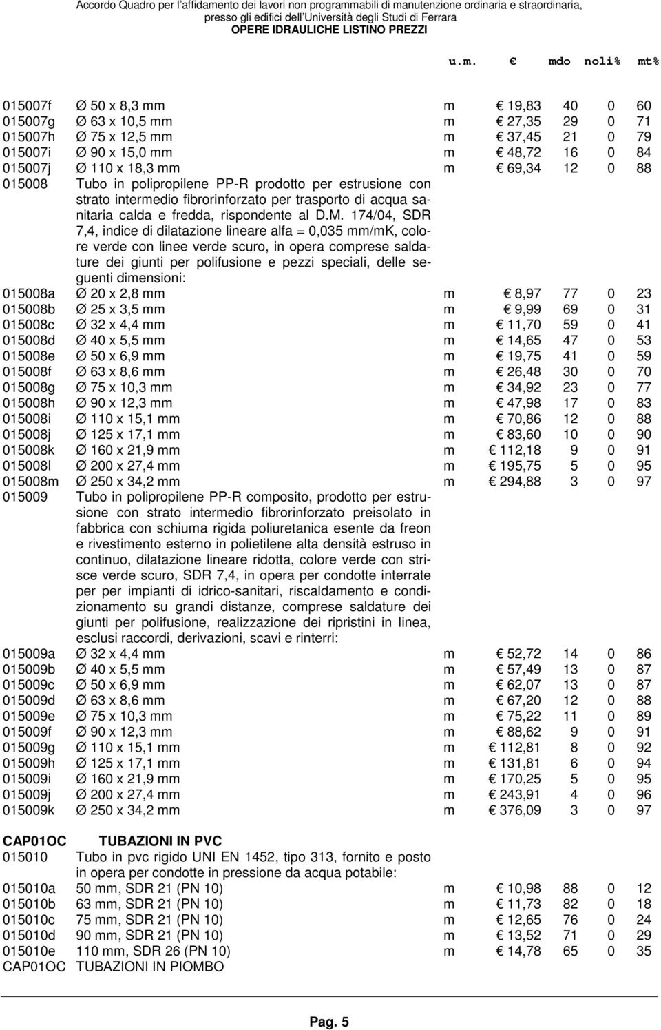 174/04, SDR 7,4, indice di dilatazione lineare alfa = 0,035 mm/mk, colore verde con linee verde scuro, in opera comprese saldature dei giunti per polifusione e pezzi speciali, delle seguenti