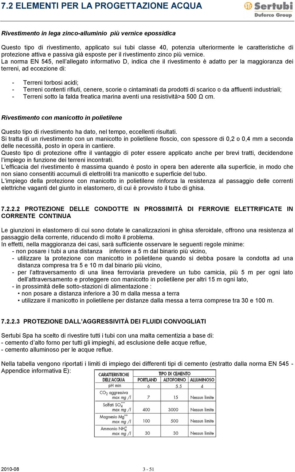 La norma EN 545, nell allegato informativo D, indica che il rivestimento è adatto per la maggioranza dei terreni, ad eccezione di: - Terreni torbosi acidi; - Terreni contenti rifiuti, cenere, scorie