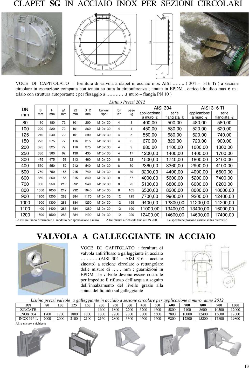 ( muro flangia PN 10 ) DN mm B mm H mm a1 mm a2 mm D Ø mm bulloni tipo fori n peso kg applicazione a muro AISI 304 serie flangiata applicazione a muro AISI 316 Ti serie flangiata 80 180 180 72 101