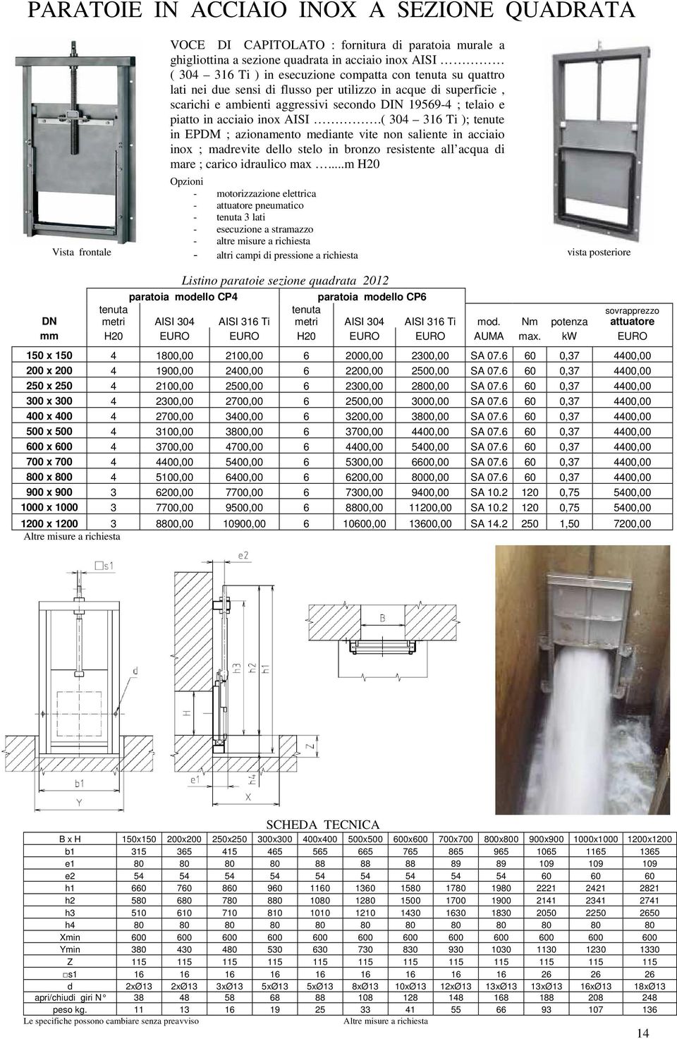 ( 304 316 Ti ); tenute in EPDM ; azionamento mediante vite non saliente in acciaio inox ; madrevite dello stelo in bronzo resistente all acqua di mare ; carico idraulico max.