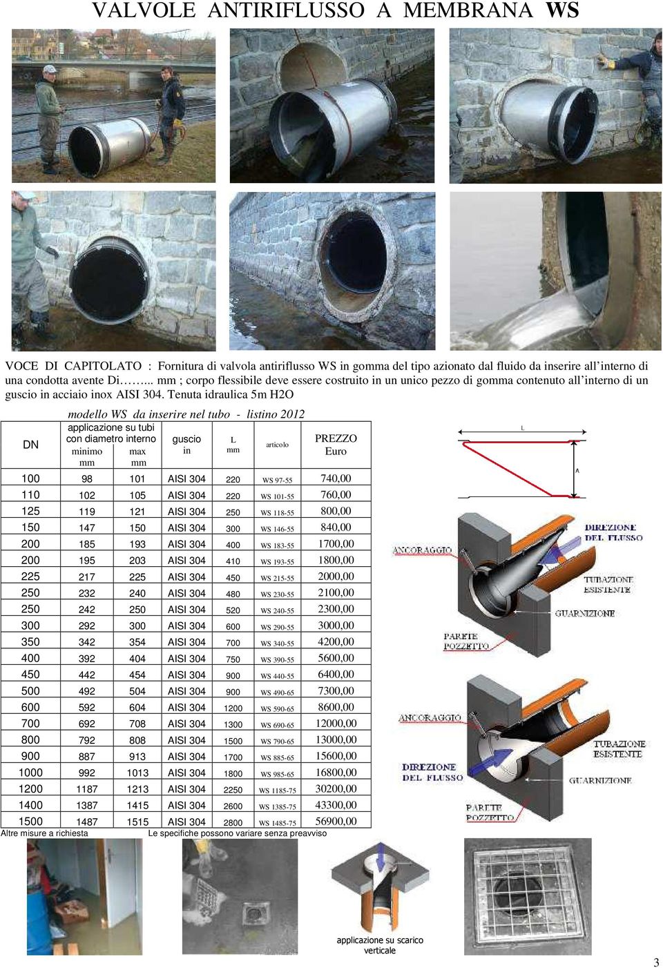 Tenuta idraulica 5m H2O DN modello WS da inserire nel tubo - listino 2012 applicazione su tubi con diametro interno guscio L articolo minimo max in mm mm mm PREZZO Euro 100 98 101 AISI 304 220 WS