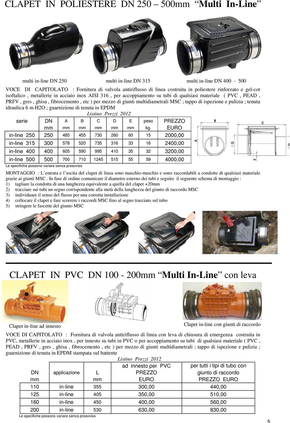 giunti multidiametrali MSC ; tappo di ispezione e pulizia ; tenuta idraulica 6 m H2O ; guarnizione di tenuta in EPDM serie DN A B C D E peso PREZZO mm mm mm mm mm mm kg.