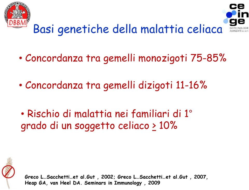 familiari di 1 grado di un soggetto celiaco > 10% Greco L Sacchetti et al.