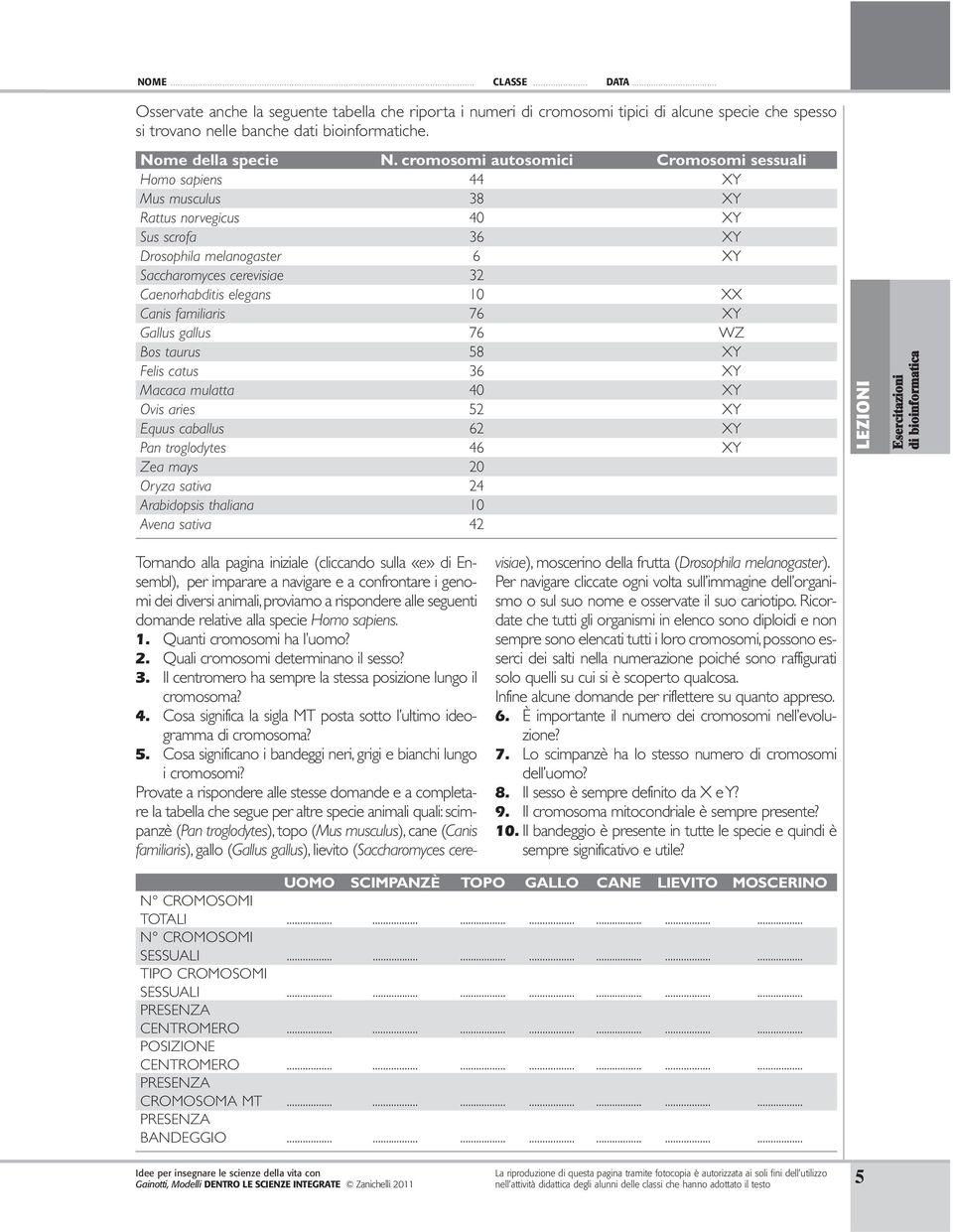 cromosomi autosomici Cromosomi sessuali omo sapiens 44 XY Mus musculus 38 XY Rattus norvegicus 40 XY Sus scrofa 36 XY Drosophila melanogaster 6 XY Saccharomyces cerevisiae 32 Caenorhabditis elegans