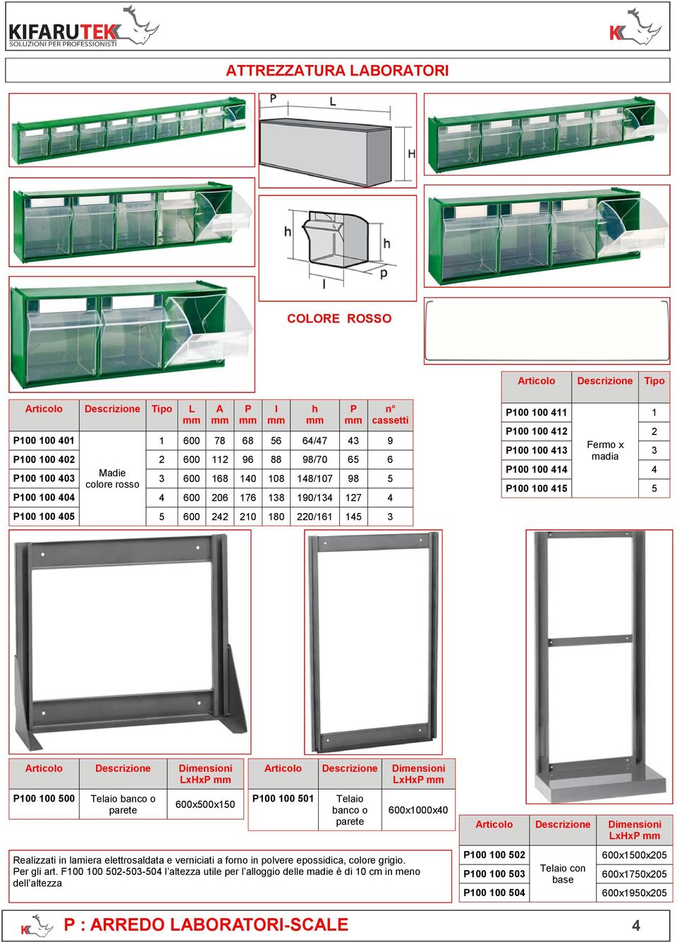 100 413 Fermo x madia 3 P100 100 414 4 P100 100 415 5 Articolo Descrizione Dimensioni LxxP mm P100 100 500 Telaio banco o parete 600x500x150 Articolo Descrizione Dimensioni LxxP mm P100 100 501