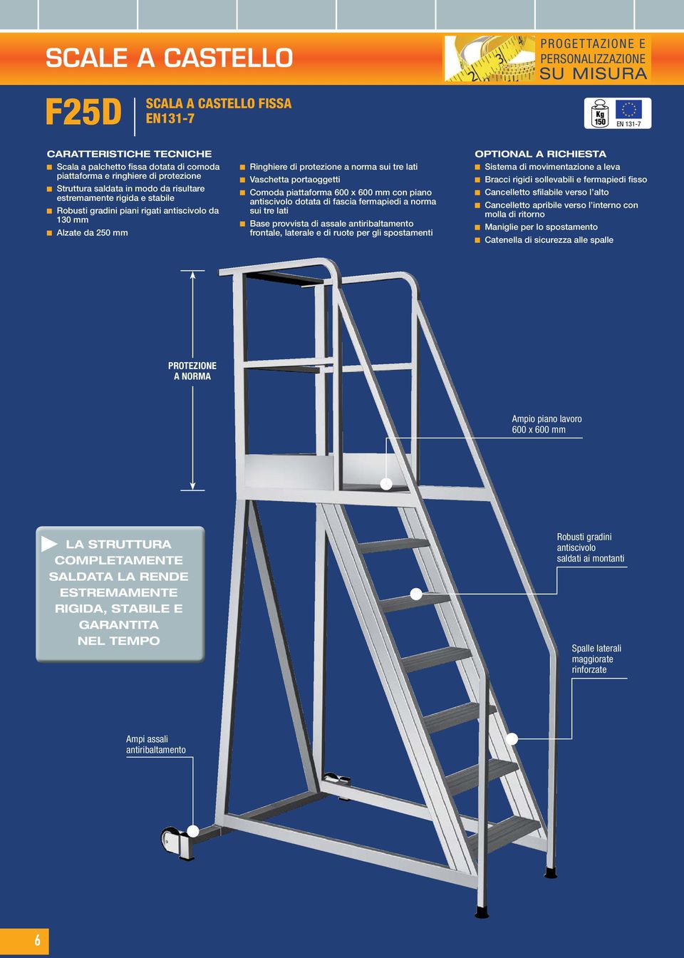 x 600 mm con piano antiscivolo dotata di fascia fermapiedi a norma sui tre lati Base provvista di assale antiribaltamento frontale, laterale e di ruote per gli spostamenti Sistema di movimentazione a