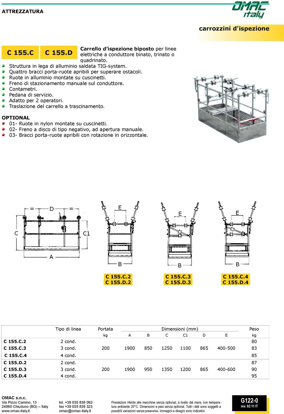 Adatto per 2 operatori. Traslazione del carrello a trascinamento. C 155.C OPTIONAL 01- Ruote in nylon montate su cuscinetti. 02- Freno a disco di tipo negativo, ad apertura manuale.