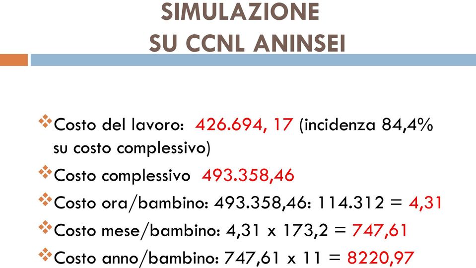 complessivo 493.358,46 Costo ora/bambino: 493.358,46: 114.