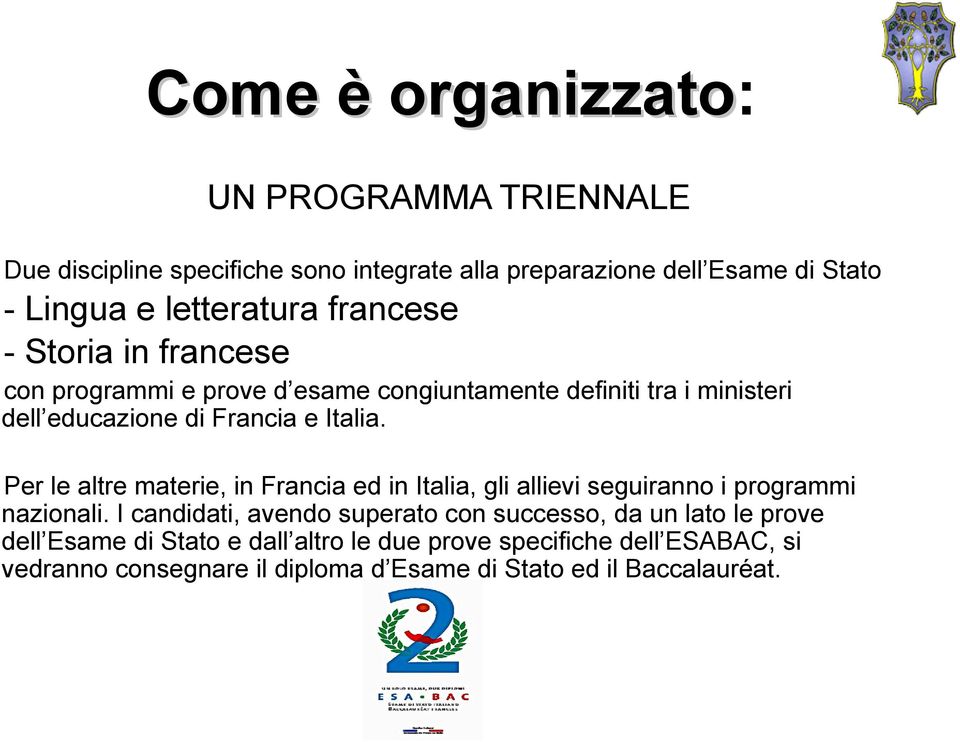 Per le altre materie, in Francia ed in Italia, gli allievi seguiranno i programmi nazionali.