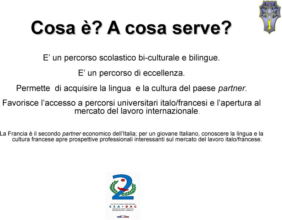 Favorisce l accesso a percorsi universitari italo/francesi e l apertura al mercato del lavoro internazionale.