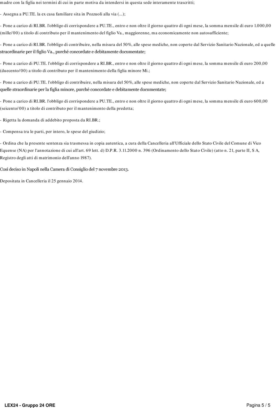 000,00 (mille/00) a titolo di contributo per il mantenimento del figlio Va., maggiorenne, ma economicamente non autosufficiente; - Pone a carico di RI.BR.