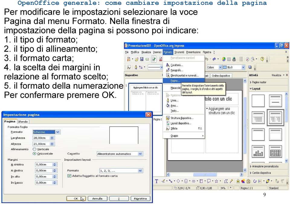 Nella finestra di impostazione della pagina si possono poi indicare: 1. il tipo di formato; 2.