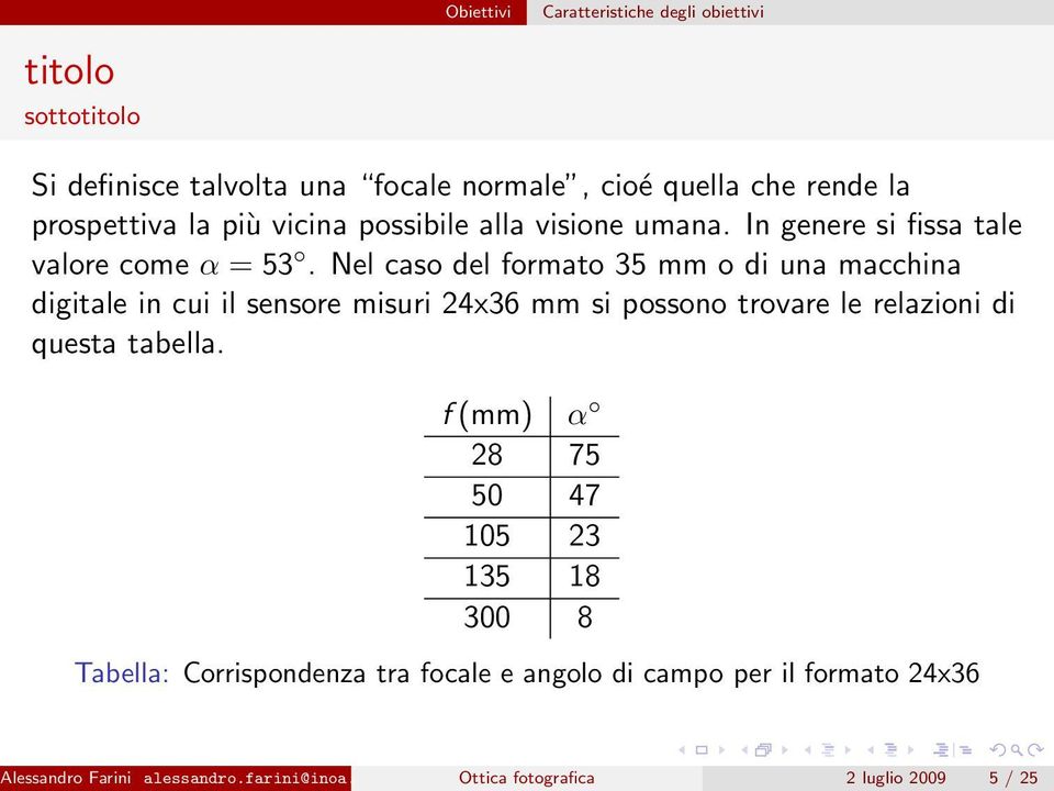 Nel caso del formato 35 mm o di una macchina digitale in cui il sensore misuri 24x36 mm si possono trovare le relazioni di questa tabella.