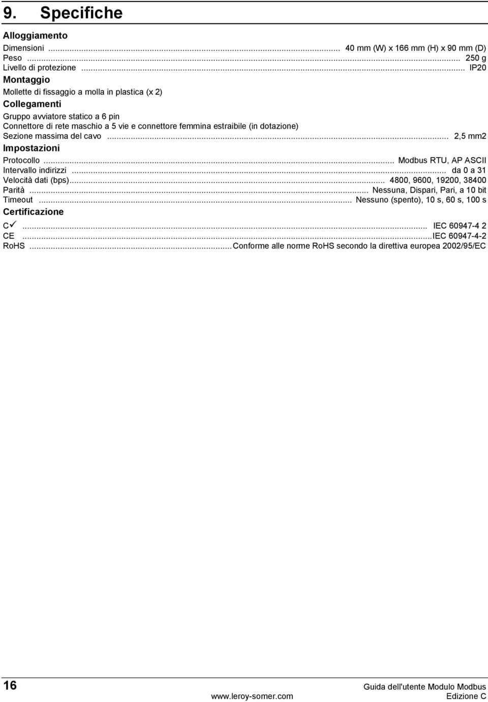 estraibile (in dotazione) Sezione massima del cavo... 2,5 mm2 Impostazioni Protocollo... Modbus RTU, AP ASCII Intervallo indirizzi... da a 31 Velocità dati (bps).