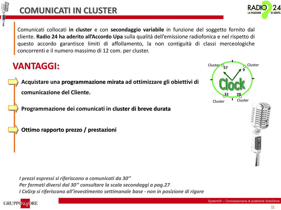 e il numero massimo di 12 com. per cluster. VANTAGGI: Cluster 57 9 Cluster Acquistare una programmazione mirata ad ottimizzare gli obiettivi di comunicazione del Cliente.