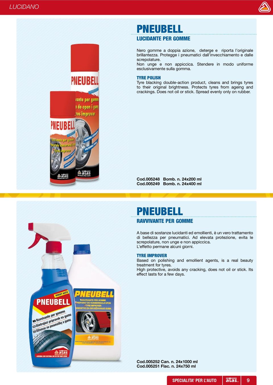 Does not oil or stick. Spread evenly only on rubber. Cod.005248 Bomb. n. 24x200 ml Cod.005249 Bomb. n. 24x400 ml PNEUBELL Ravvivante per gomme A base di sostanze lucidanti ed emollienti, è un vero trattamento di bellezza per pneumatici.