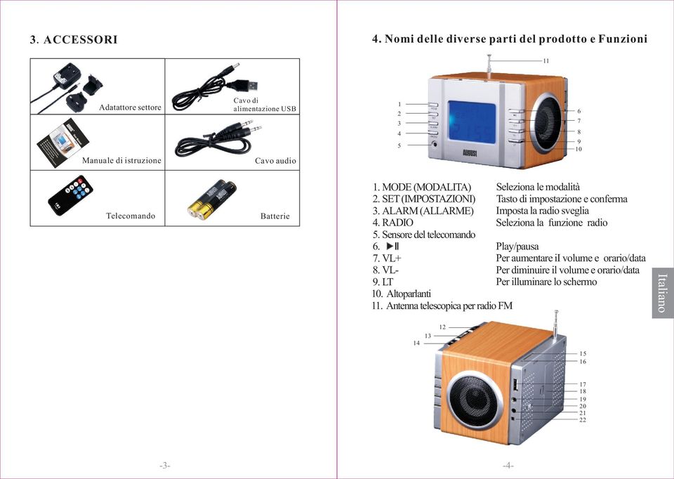 Telecomando Batterie 1. MODE (MODALITA) 2. SET (IMPOSTAZIONI) 3. ALARM (ALLARME) 4. RADIO 5. Sensore del telecomando 6. 7. VL+ 8. VL- 9. LT 10.