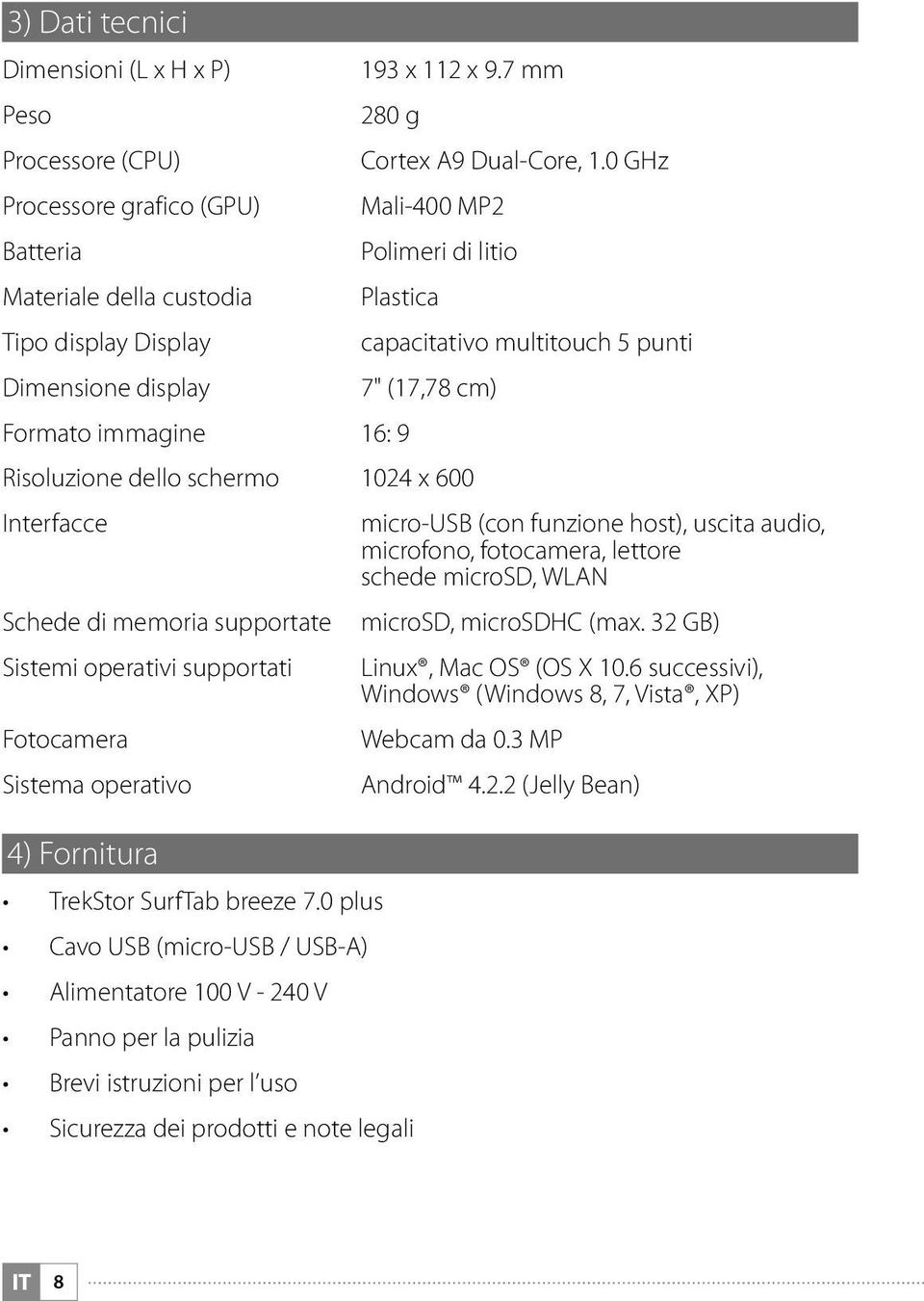 immagine 16: 9 Risoluzione dello schermo 1024 x 600 Interfacce micro-usb (con funzione host), uscita audio, microfono, fotocamera, lettore schede microsd, WLAN Schede di memoria supportate microsd,