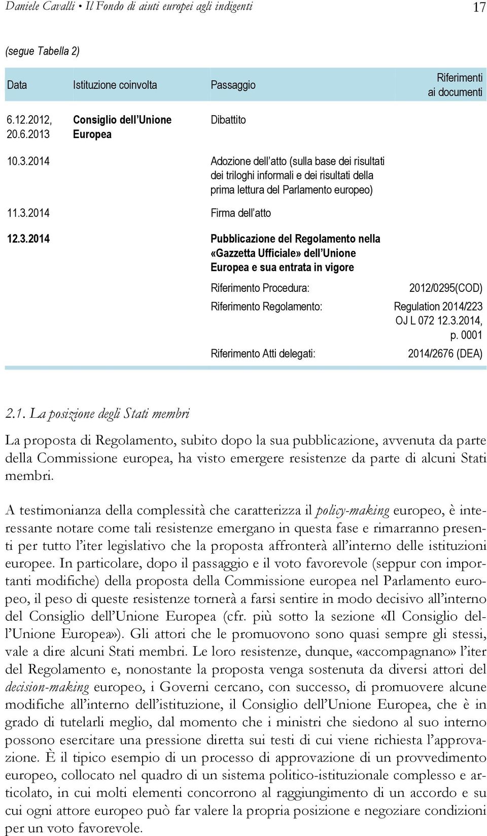Regolamento nella «Gazzetta Ufficiale» dell Unione Europea e sua entrata in vigore Riferimento Procedura: Riferimento Regolamento: Riferimento Atti delegati: 2012/0295(COD) Regulation 2014/223 OJ L