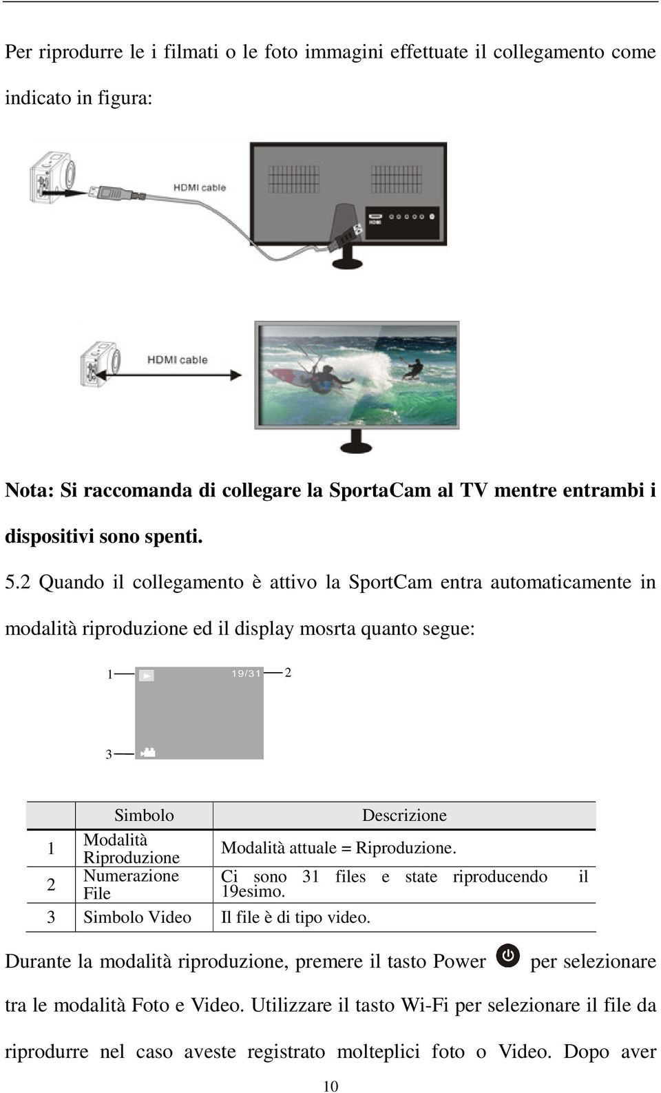 2 Quando il collegamento è attivo la SportCam entra automaticamente in modalità riproduzione ed il display mosrta quanto segue: 1 2 3 Simbolo Descrizione 1 Modalità Riproduzione Modalità