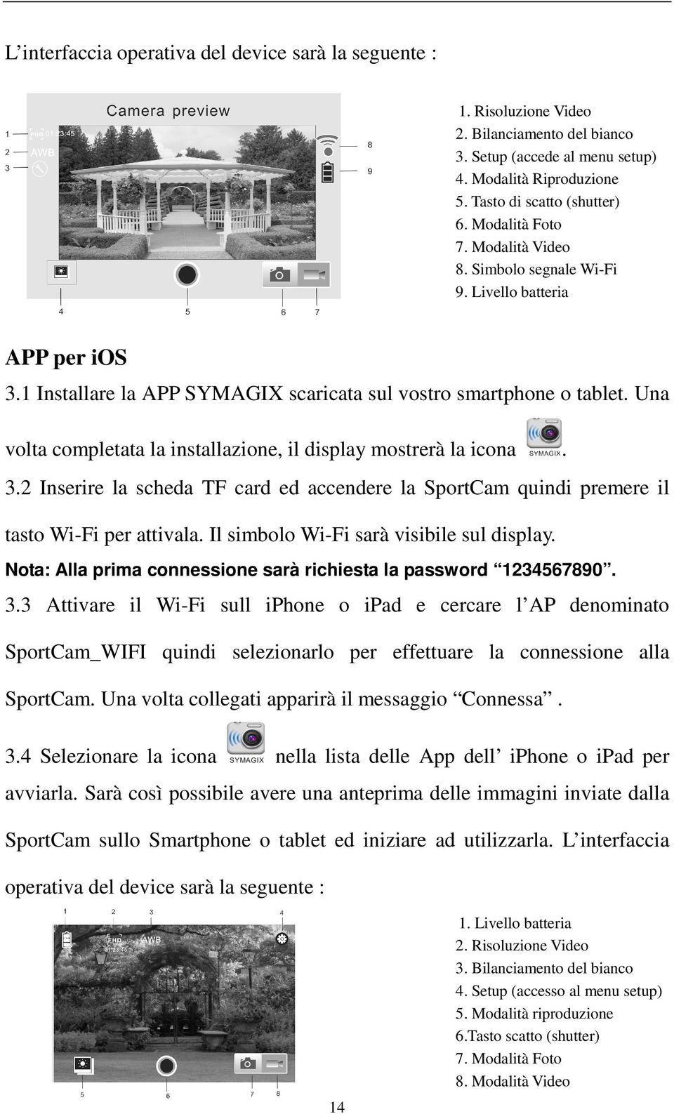 Una volta completata la installazione, il display mostrerà la icona. 3.2 Inserire la scheda TF card ed accendere la SportCam quindi premere il tasto Wi-Fi per attivala.