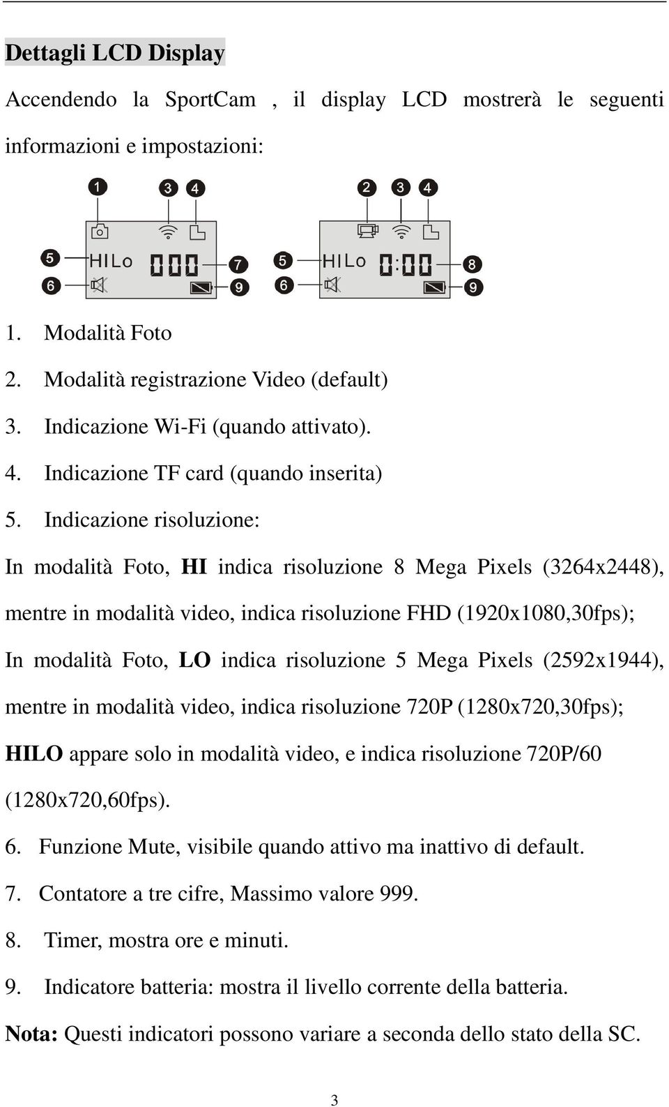 Indicazione risoluzione: In modalità Foto, HI indica risoluzione 8 Mega Pixels (3264x2448), mentre in modalità video, indica risoluzione FHD (1920x1080,30fps); In modalità Foto, LO indica risoluzione