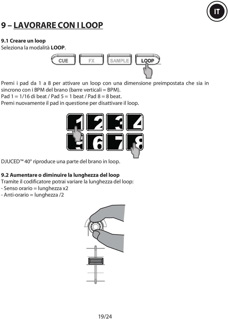 Pad 1 = 1/16 di beat / Pad 5 = 1 beat / Pad 8 = 8 beat. Premi nuovamente il pad in questione per disattivare il loop.