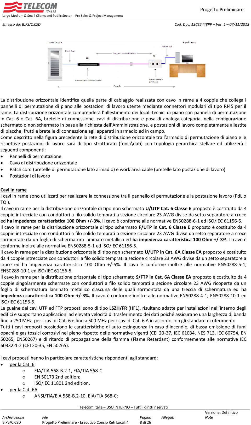 6A, bretelle di connessione, cavi di distribuzione e posa di analoga categoria, nella configurazione schermato o non schermato in base alla richiesta dell Amministrazione, e postazioni di lavoro