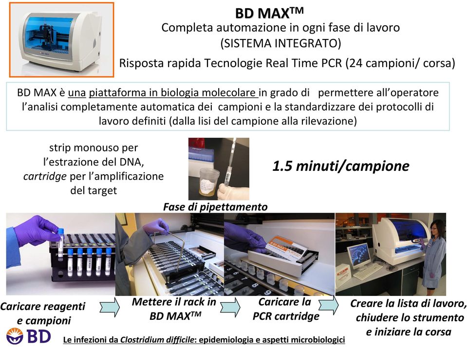 lavoro definiti(dalla lisi del campione alla rilevazione) strip monouso per l estrazione del DNA, cartridgeper l amplificazione del target Fase di