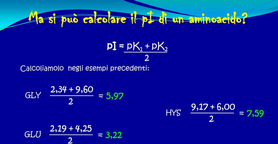 esempi precedenti: GLY GLU 2,34 + 9,60 2