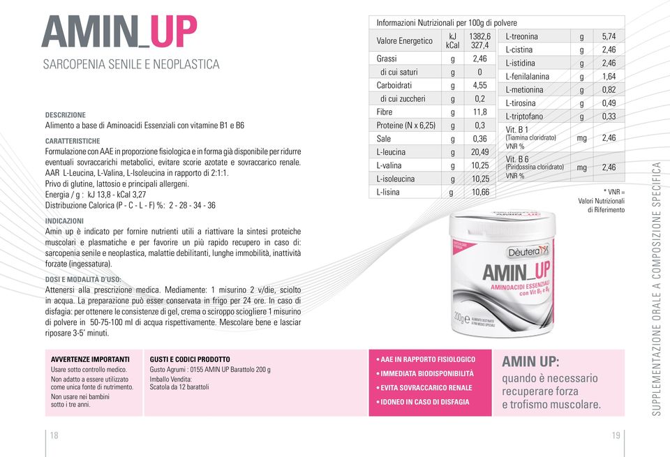 Energia / g : kj 13,8 - kcal 3,27 Distribuzione Calorica (P - C - L - F) %: 2-28 - 34-36 Amin up è indicato per fornire nutrienti utili a riattivare la sintesi proteiche muscolari e plasmatiche e per