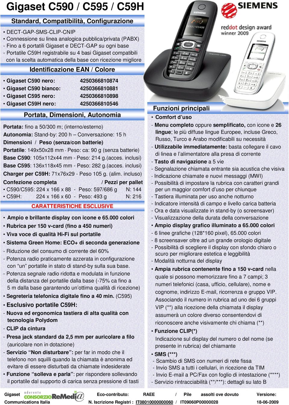 4250366810881 Gigaset C595 nero: 4250366810898 Gigaset C59H nero: 4250366810546 Portata, Dimensioni, Autonomia Portata: fino a 50/300 m; (interno/esterno) Autonomia: Stand-by: 200 h Conversazione: 15