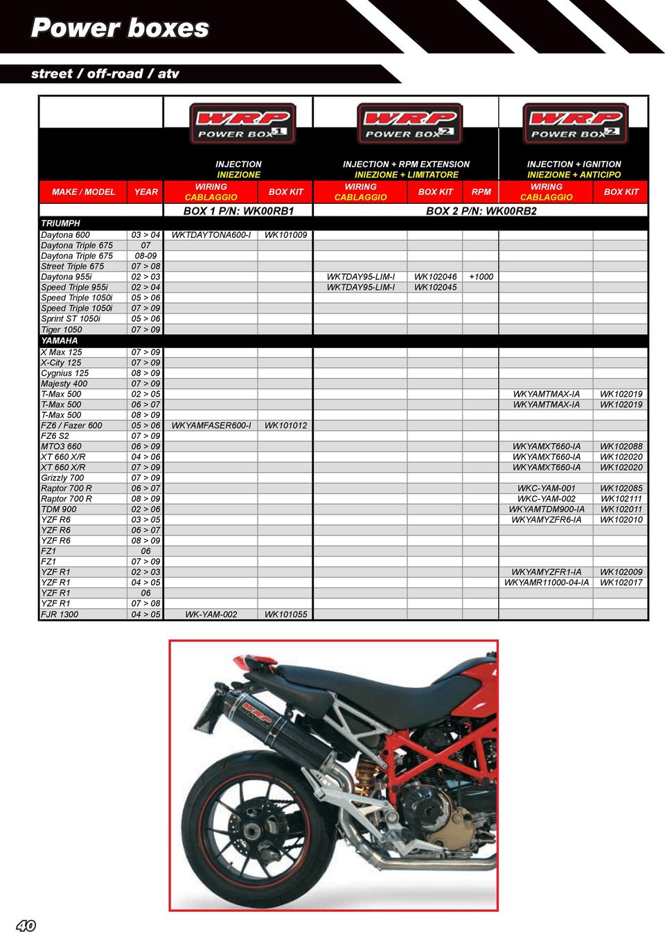 1050i 07 > 09 Sprint ST 1050i 05 > 06 Tiger 1050 07 > 09 INJECTION + IGNITION INIEZIONE + ANTICIPO YAMAHA X Max 125 07 > 09 X-City 125 07 > 09 Cygnius 125 08 > 09 Majesty 400 07 > 09 T-Max 500 02 >