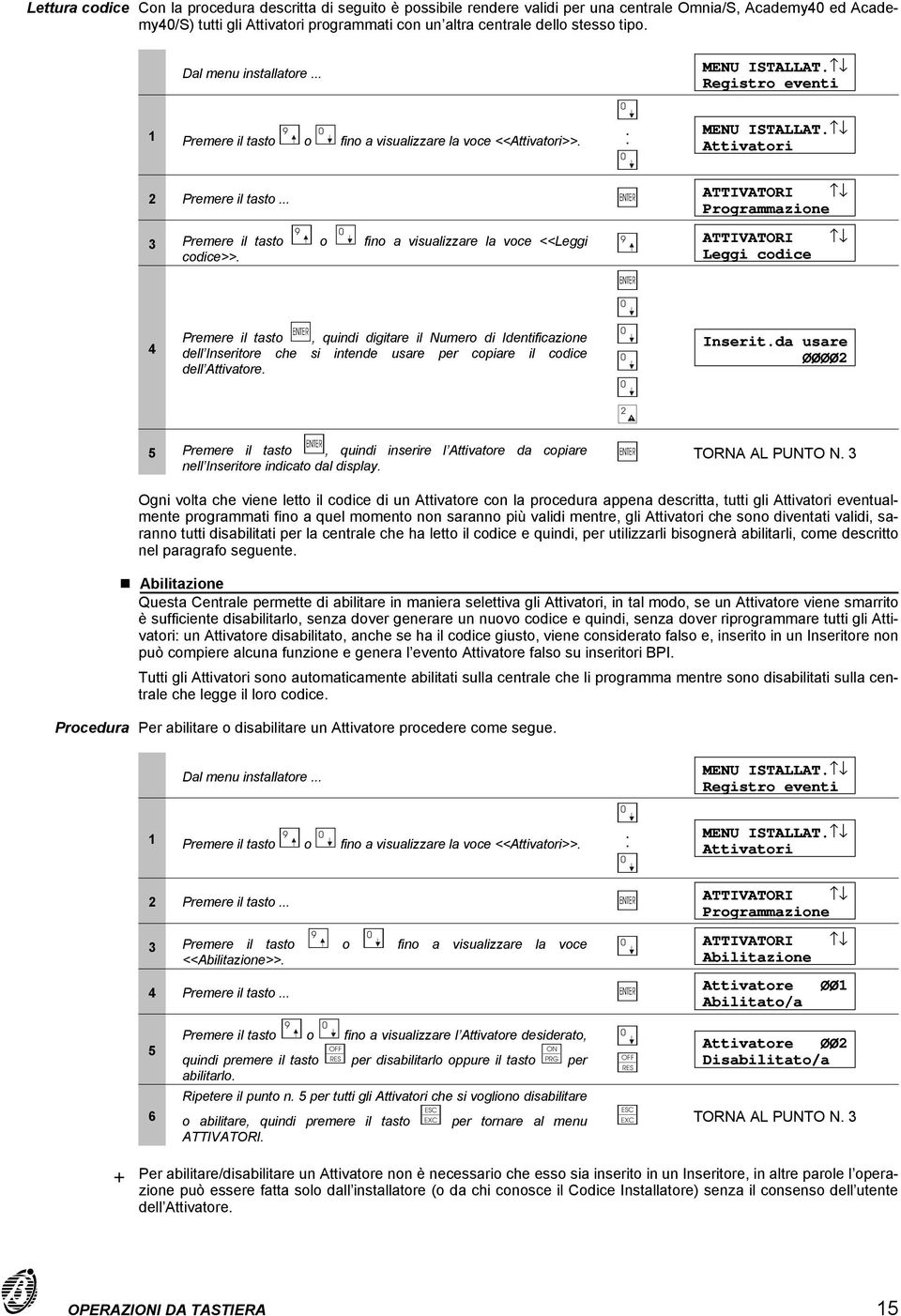 ATTIVATORI Programmazione 9 ATTIVATORI Leggi codice 4 Premere il tasto, quindi digitare il di Identificazione dell Inserito