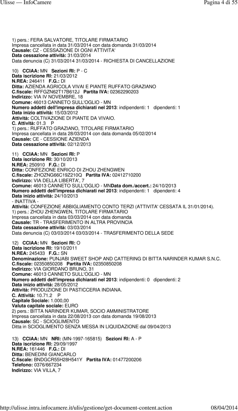 CANCELLAZIONE 10) CCIAA: MN Sezioni RI: P - C Data iscrizione RI: 21/03/2012 N.REA: 246411 F.G.: DI Ditta: AZIENDA AGRICOLA VIVAI E PIANTE RUFFATO GRAZIANO C.